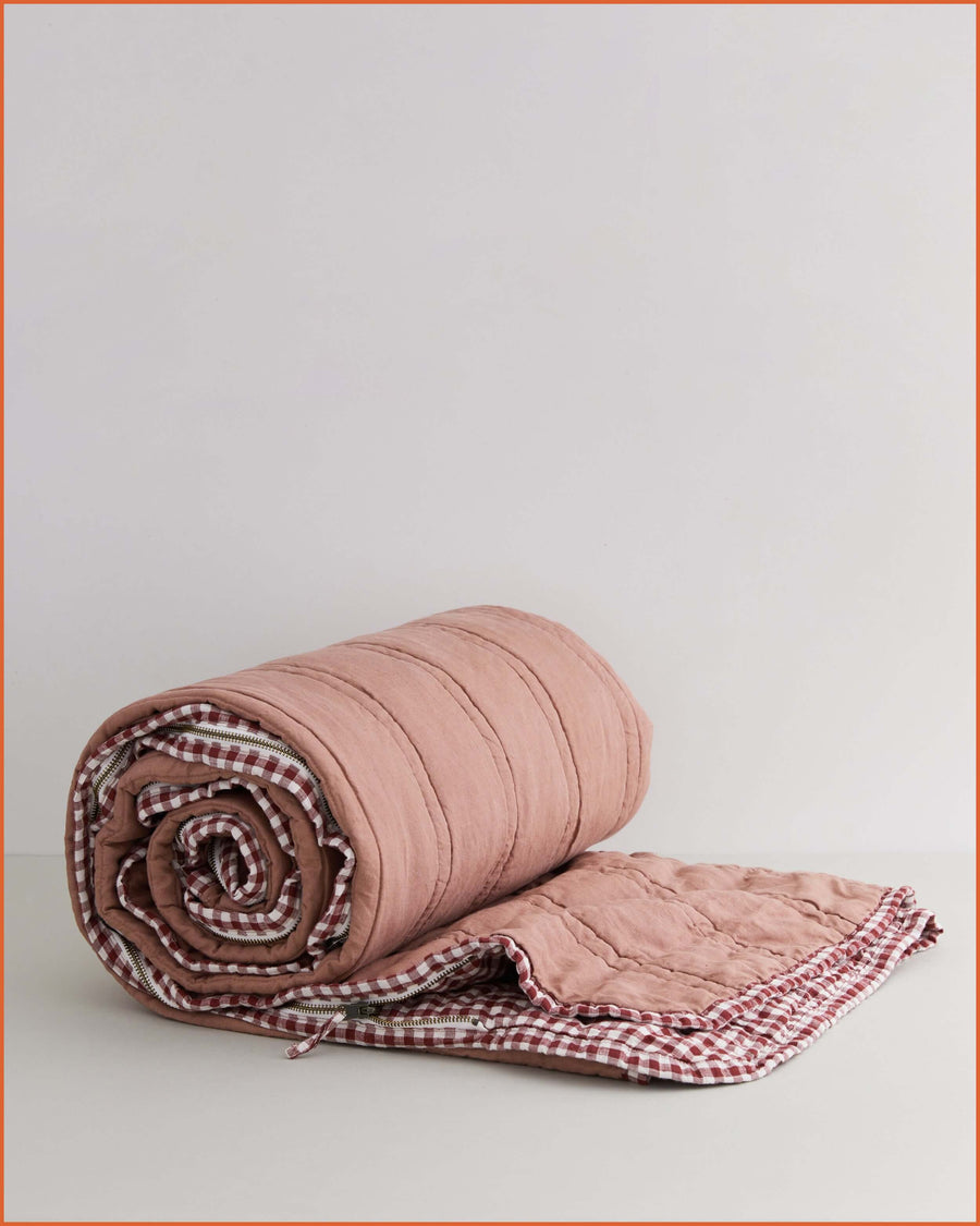 THE QUILTED SLEEPING BAG · ROSE & MULBERRY GINGHAM ·